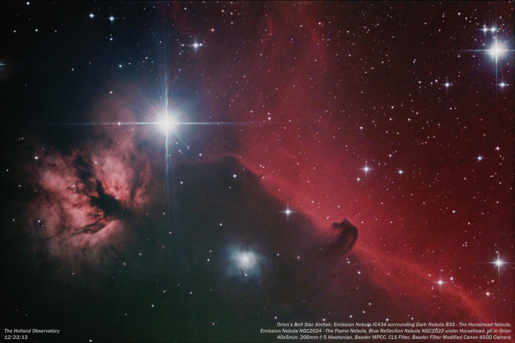 Orion Belt Star Alnitak, B33 - Horsehead Nebula, IC434 - Emission Nebula surrounding Horsehead, NGC2024 - Flame Nebula, NGC2023 - Reflection Nebula; in Orion