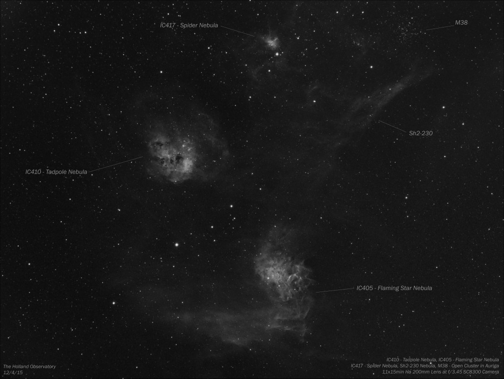 Auriga Area:  IC410 - Tadpole Nebula, IC405 - Flaming Star Nebula, IC417 - Spider Nebula, Sh2-230 Nebula, M38 Open Cluster