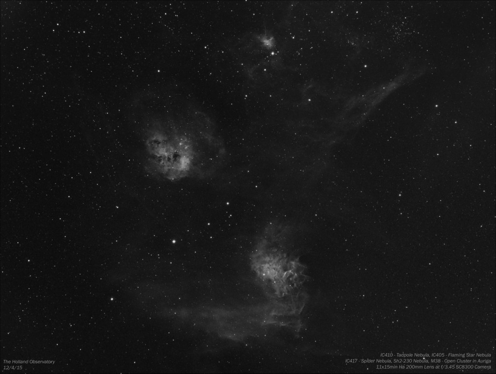 Auriga Area:  IC410 - Tadpole Nebula, IC405 - Flaming Star Nebula, IC417 - Spider Nebula, Sh2-230 Nebula, M38 Open Cluster