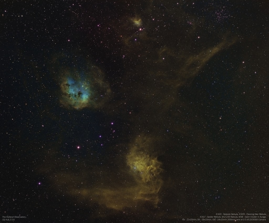 Auriga Area:  IC410 - Tadpole Nebula, IC405 - Flaming Star Nebula, IC417 - Spider Nebula, Sh2-230 Nebula, M38 Open Cluster