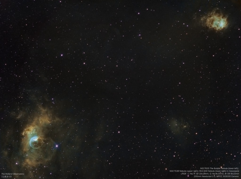 NGC7635 - Bubble Nebula, NGC7538 - Nebula, and Sh2-159 - Nebula in Cassiopeia